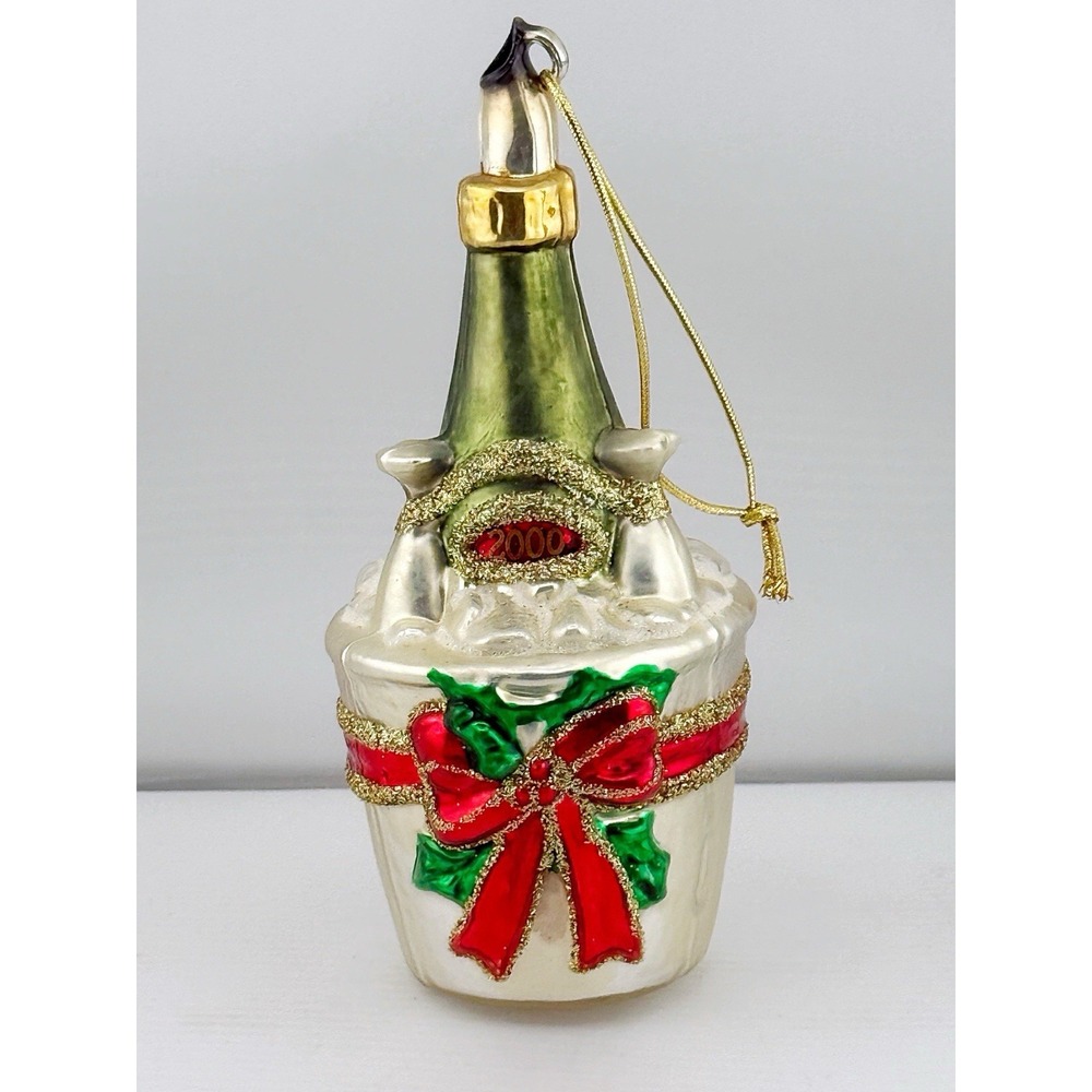 Vintage Millennium 2000 Christmas Ornament. Champagne In Bucket Hand Blown Glass